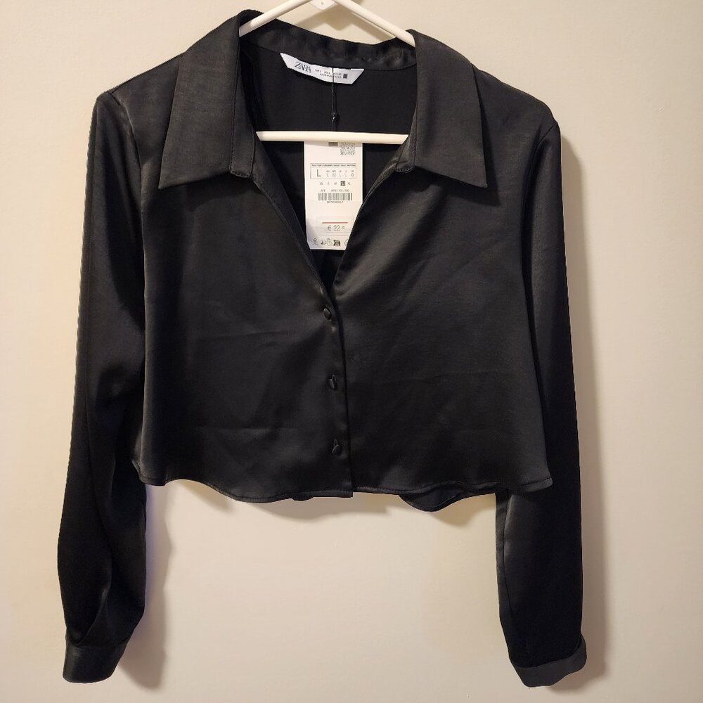 NWT Zara Silk Crop Button Up